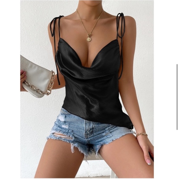 Black Color Glamorous Cowl Neck Tie Strap Camisole Top - Picture 7 of 16